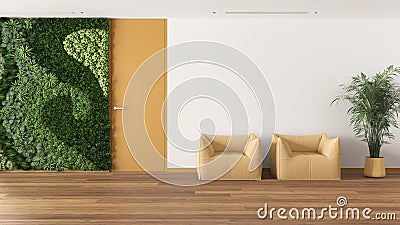 Minimal waiting sitting room with parquet in white and yellow tones. Vertical garden and potted palm, soft armchairs and door. Stock Photo