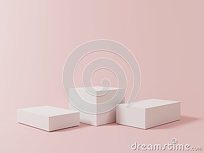 Minimal white colour of three blank cube podium with pink pastel background for showing product presentation , 3D rendering Stock Photo