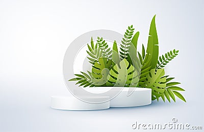 Minimal white scene with geometric shapes and green palm leaves. Cylindrical podium on a yellow background. 3D stage for Vector Illustration