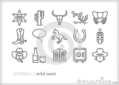Wild west outline icons of cowboys and robbers in the American West Vector Illustration