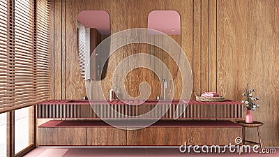 Minimal wooden bathroom close-up in red and beige tones. Double washbasin with sink and mirror. Window with venetian blinds. Stock Photo