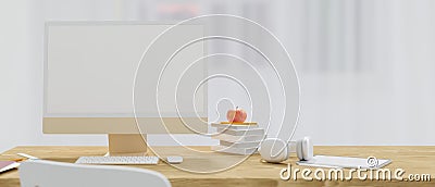 Minimal woody workspace style, desktop computer mockup with headphone, tablet, books, apple on wooden work table Cartoon Illustration