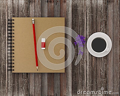 Minimal work space : notebook, red pencil, eraser with coffee o Stock Photo