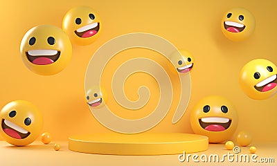 Minimal Yellow Podium With Laugh Smile 3d Emotion Icon Reaction Face Cute Social Media Concept Abstract Background Render Stock Photo