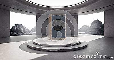 Minimalism Architecture Interior with Abstract Modern Fashion Elegant Washing Machine over Product Presentation Podium and Stock Photo
