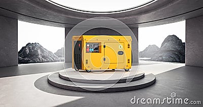 Minimalism Architecture Interior with Big Yellow Outside Auxiliary Electric Power Generator Diesel Unit for Emergency Use over Stock Photo