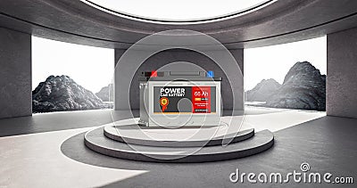 Minimalism Architecture Interior with Rechargeable Car Battery 12V Accumulator with Abstract Label over Product Presentation Stock Photo