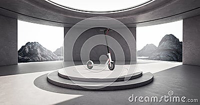 Minimalism Architecture Interior with White Modern Eco Electric Kick Scooter over Product Presentation Podium and Mountains. 3d Stock Photo