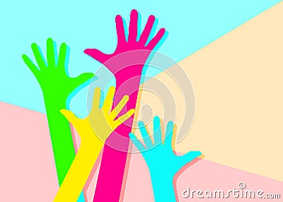 Minimalism contemporary flat lay colorful hands on pastel colored background Vector Illustration