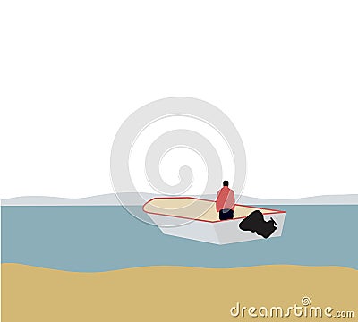 Minimalism landscape man alone in boat with mountain. Vector Illustration