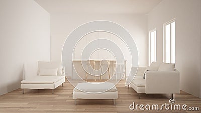 Minimalism, modern empty room with white hidden kitchen with island, living room, parquet floor, white and wooden interior design Stock Photo