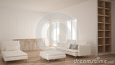 Minimalism, modern empty room with white hidden kitchen with island, living room, parquet floor, white and wooden interior design Stock Photo