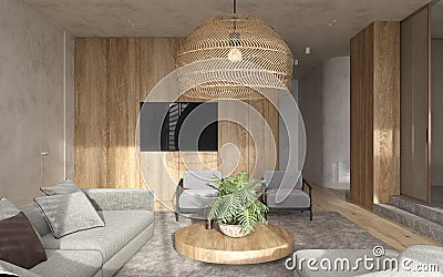 Minimalism modern interior scandinavian design. Bright studio living room. Cozy design large modular sofa, large wooden lamp, tv Cartoon Illustration