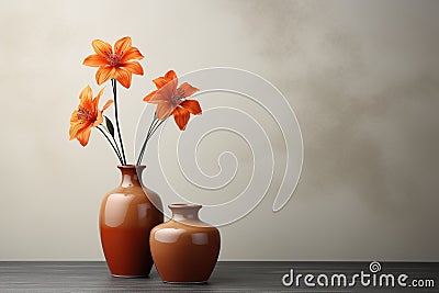 minimalism photo two modern terracotta vases with orange flowers on a table with copy space Stock Photo