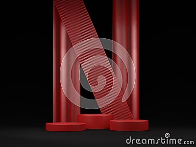 Minimal abstract podium with red pipe background 3D render illustration Cartoon Illustration