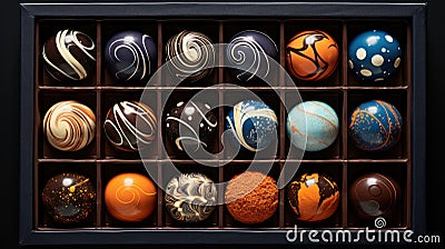 minimalism, view from top, product photo extremely detailed luxury candy box with belgium chocolate candies inside Stock Photo