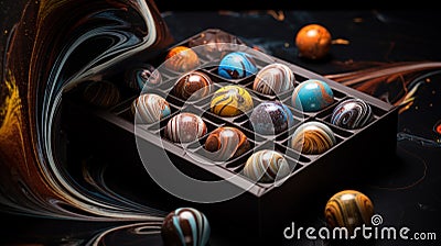 minimalism, view from top, product photo extremely detailed luxury candy box with belgium chocolate candies inside Stock Photo