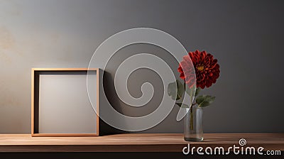 Minimalist Anime Aesthetic: Wooden Frame With Red Flower On Grey Table Cartoon Illustration