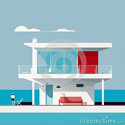 Minimalist architectural house on the beach. illustration design using pastel colors, vacation spot Cartoon Illustration