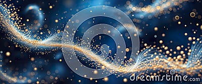 A minimalist background features flowing waves of golden particles against a deep blue backdrop, adding a sense of elega Stock Photo
