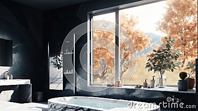 Minimalist Bathroom Background With 3d Rendered Marble Table Top And Mockup Space Montage. Generative AI Stock Photo