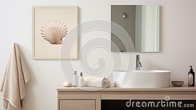 Minimalist Bathroom Decor With Shell Mirror And Neutral Colors Stock Photo