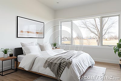 a minimalist bedroom interior with a clear prairie view via ribbon windows Stock Photo
