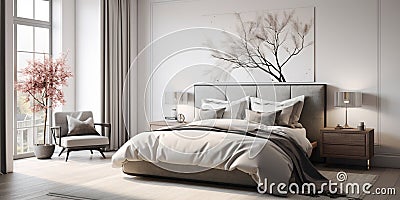 Minimalist bedroom, light beige and black, earthy color palette, comfortable bed and large picture window. Stock Photo