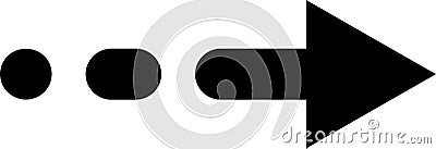 Minimalist black arrow pointing right, preceded by two dots and a rounded rectangle, ideal for representing a process, a Vector Illustration
