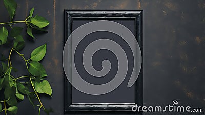 Minimalist Black Frame Mockup With Plant On Dark Metal Wall Stock Photo