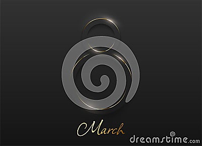 Minimalist black soft 3D 8 shape abstract gold line frame design. March golden text. 8 march day vector. Luxury dark Vector Illustration