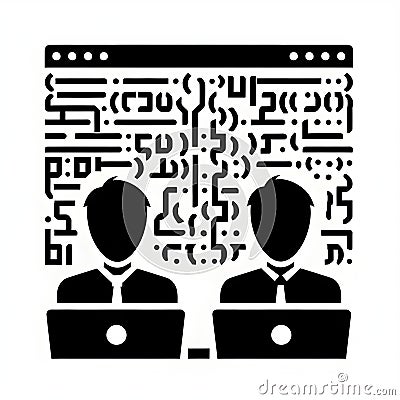 Minimalist black-and-white illustration of two programmers working on laptops with a background of complex code Cartoon Illustration