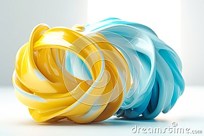 Minimalist Blend: Sunshine Yellow & Cerulean Blue Twisted Waves in 3D Rendered Industrial Desig Stock Photo