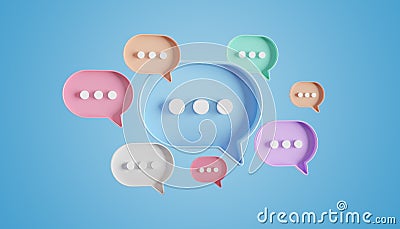 Minimalist blue red orange green purple speech bubbles talk icons floating over background. Modern conversation or social media Stock Photo