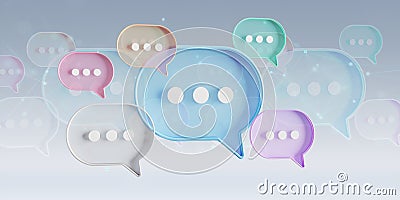 Minimalist blue red orange green purple speech bubbles talk icons floating over grey background. Modern conversation or social Stock Photo