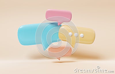 Minimalist blue red and yellow speech bubbles talk icons floating over orange background. Modern conversation or social media Stock Photo