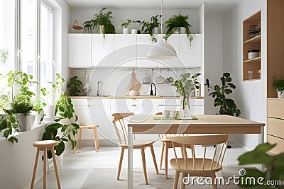 Minimalist and botany dining room design, Generative AI Stock Photo