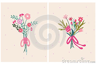 A minimalist bouquet of wildflowers tied with a festive ribbon. Floral composition for celebrating Mother's Day Vector Illustration
