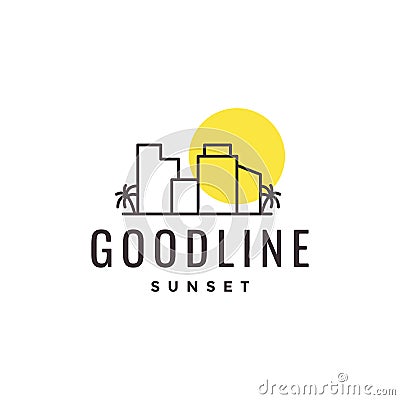 Minimalist building with coconut tree and sunset logo Vector Illustration