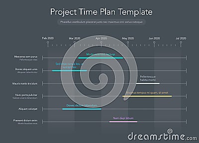 Minimalist business project time plan graph with project tasks in time intervals - dark version Vector Illustration