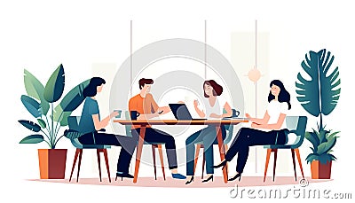 Minimalist character group of people sitting at a table, AI generated Cartoon Illustration