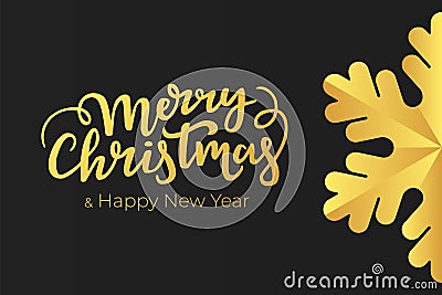 Minimalist Christmas and New Year card design with hand lettering wishes and luxury decoration of a gold foil on black premium pap Vector Illustration