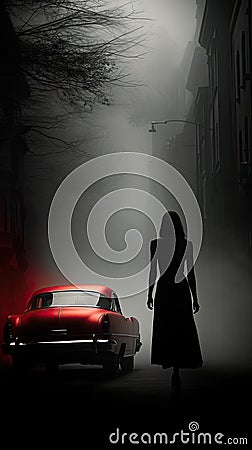 Minimalist Cinematic Surrealism of a woman walking towards a red car that flashes in the dark Stock Photo