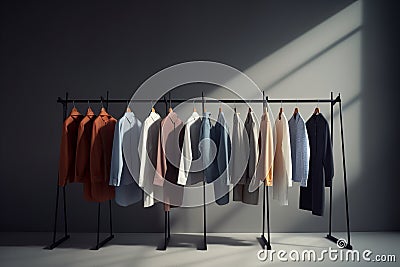 Minimalist clothes rack with vibrant shirts, showcasing balance, harmony, and intricate details. Stock Photo