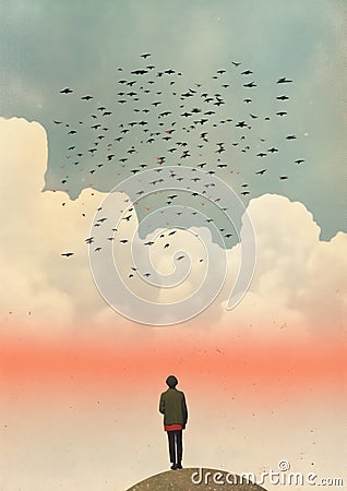 Minimalist collage of birds and red glow with clounds in the sky. Silhouette of a person in the foreground. The Collage Cartoon Illustration