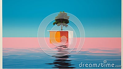 Minimalist Color Field: A Utopian Vision Of A House In The Water Cartoon Illustration