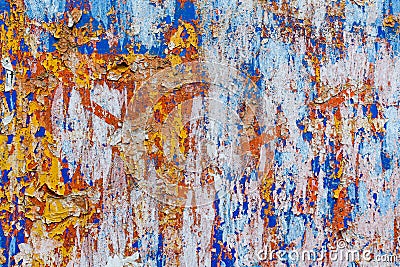 Minimalist colourful textured background of old and rusted whit, blue, brown and orange paing on metallic surface, in direct sun Stock Photo