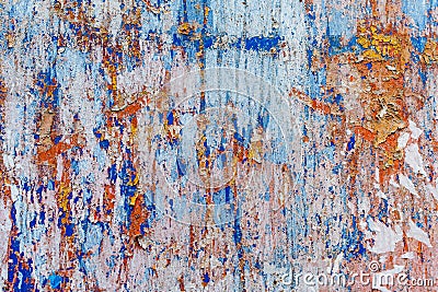 Minimalist colourful textured background of old and rusted whit, blue, brown and orange paing on metallic surface, in direct sun Stock Photo