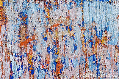 Minimalist colourful textured background of old and rusted white, blue, brown and orange paint on metallic surface, in direct sun Stock Photo