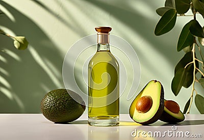 Bottle of avocado essential oil with fresh avocado fruit and leaves in the background Stock Photo